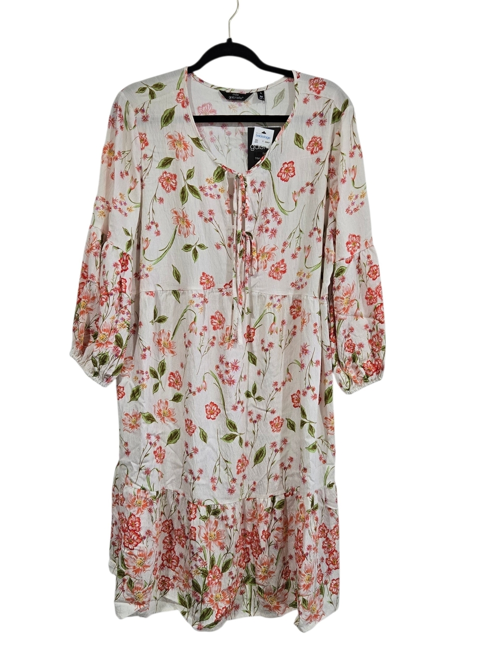 Mile Gabrielle Floral Tie Neck Midi Dress Cream Coral XL New Feminine Boho